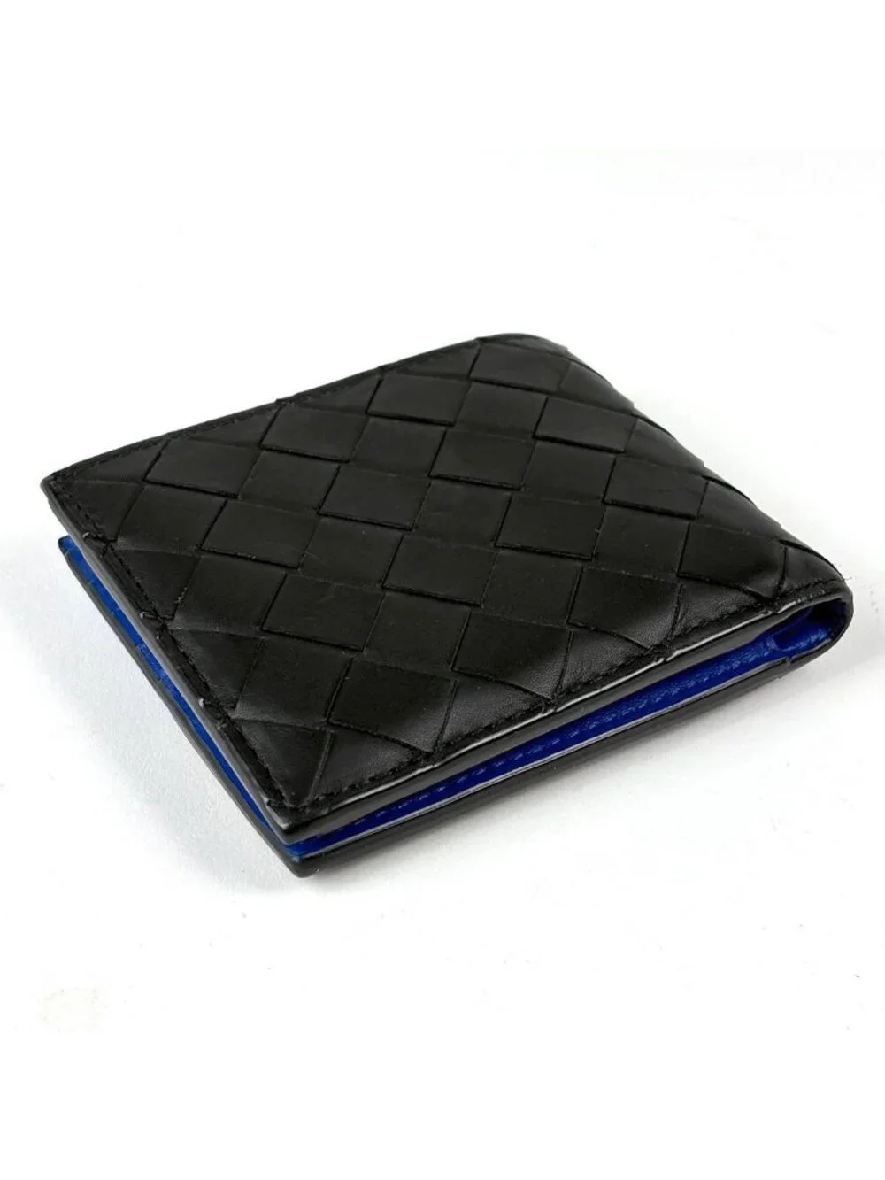 Bottega Veneta Intrecciato Bifold Wallet Bicolor Leather Black Blue
